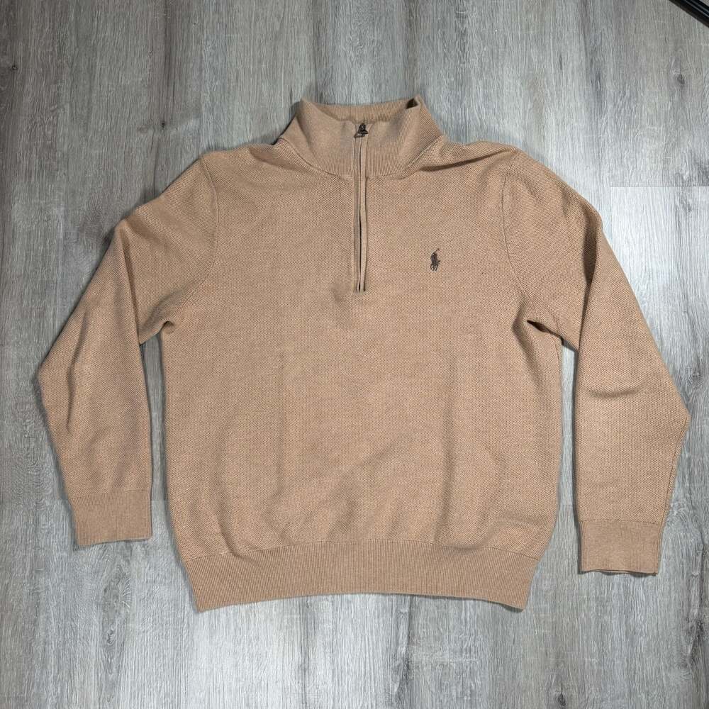 Polo Ralph Lauren Mesh-Knit Cotton Quarter-Zip Pullover Sweater in Camel
